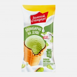 Мороженое Золотой Стандарт пломбир со вкусом фисташки в вафельном стаканчике 90г