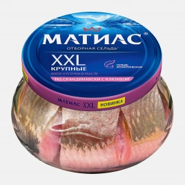 Сельдь XXL отборная филе-кусочки в масле по-скандинавски с клюквой Матиас 260г