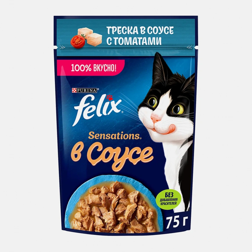 Влажный корм для кошек Sensations треска в соусе с томатами Felix 75г фото 1