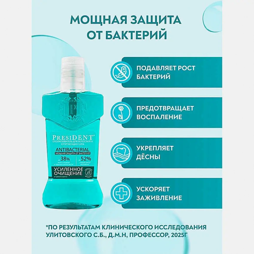 Ополаскиватель для полости рта Antibacterial President 400мл фото 4