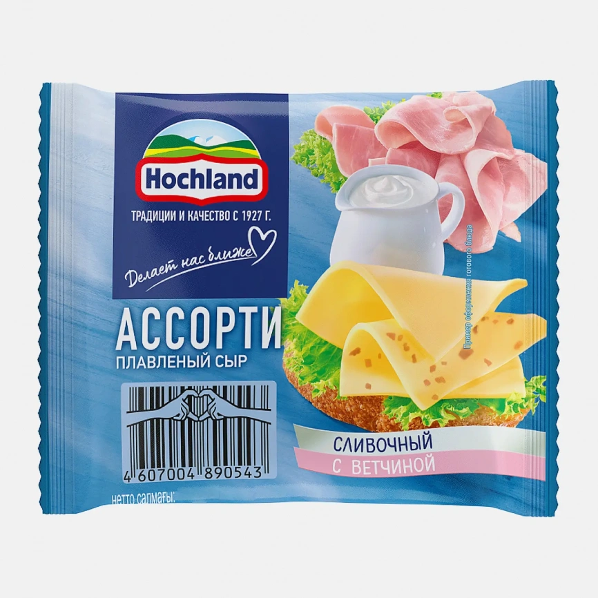 Сыр плавленый Hochland ассорти сливочный и с ветчиной ломтики 45% 150г фото 1